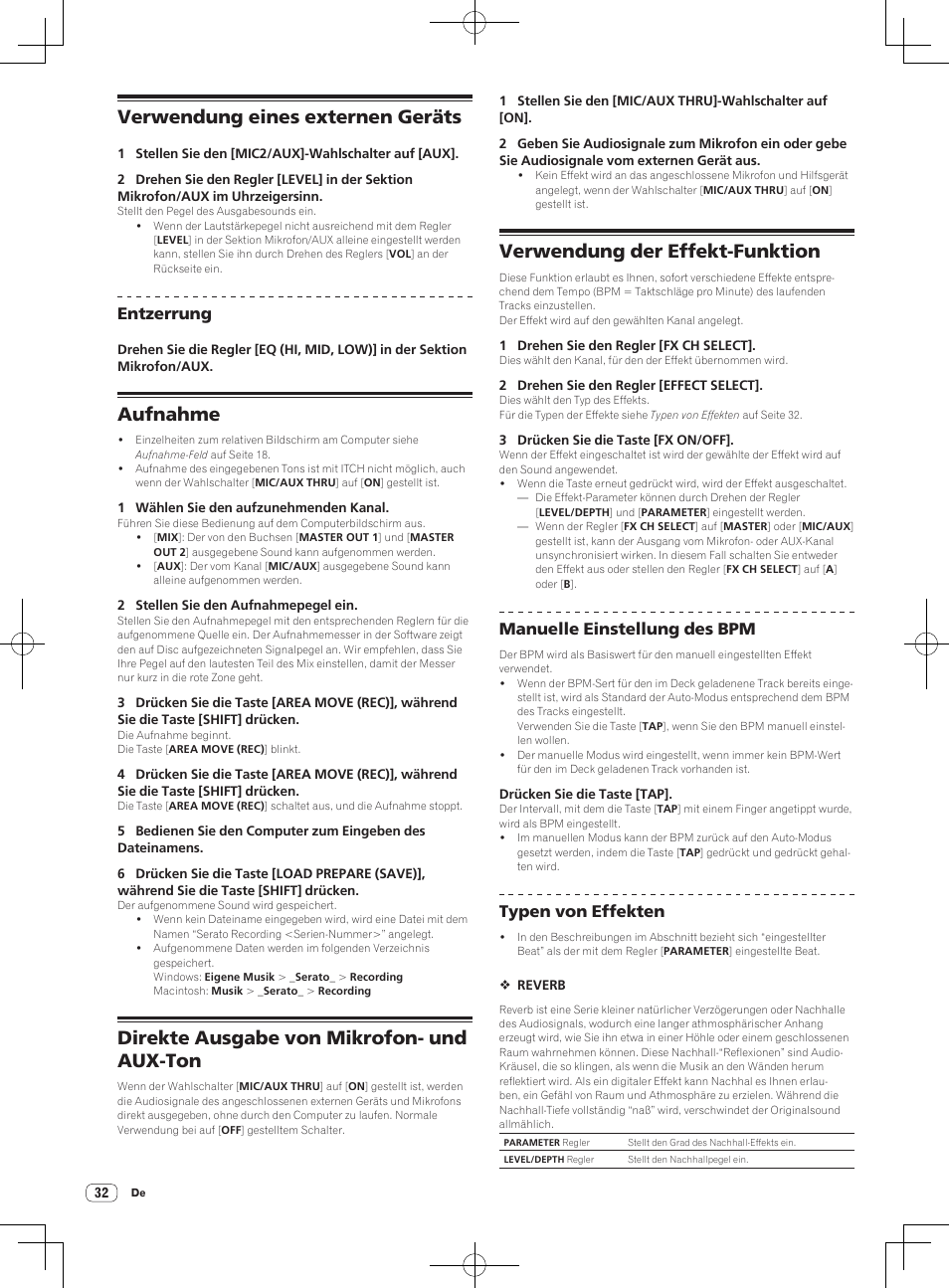 Verwendung eines externen geräts, Aufnahme, Direkte ausgabe von mikrofon- und aux-ton | Verwendung der effekt-funktion, Entzerrung, Manuelle einstellung des bpm, Typen von effekten | Pioneer DDJ-S1 User Manual | Page 104 / 112