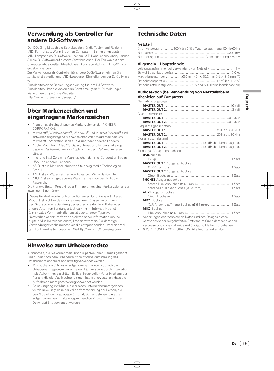 Verwendung als controller für andere dj-software, Über markenzeichen und eingetragene markenzeichen, Hinweise zum urheberrechte | Technische daten | Pioneer DDJ-S1 User Manual | Page 111 / 112