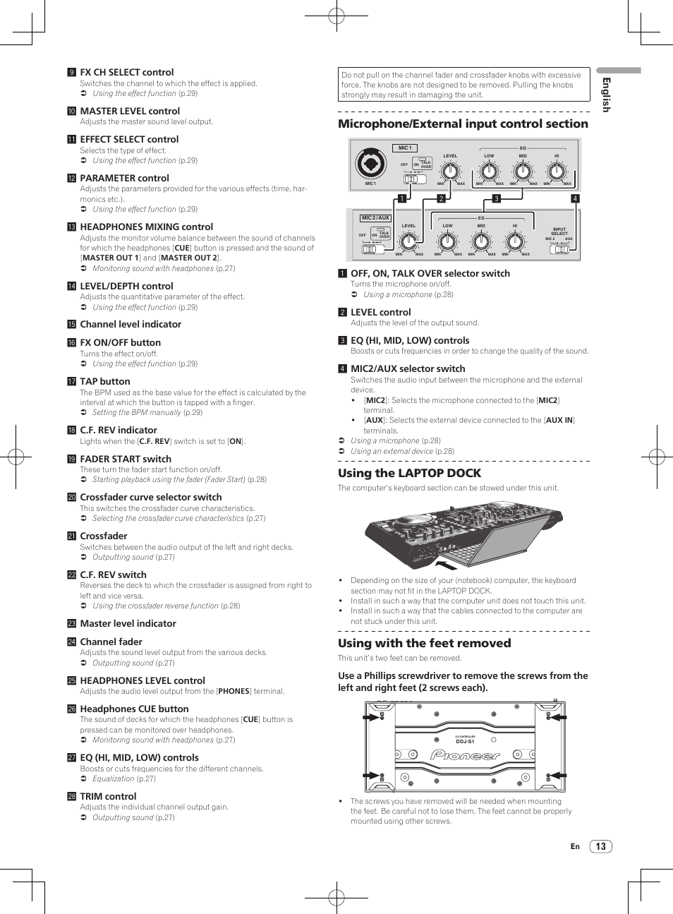 Using the laptop dock, Using with the feet removed, English | Pioneer DDJ-S1 User Manual | Page 13 / 112