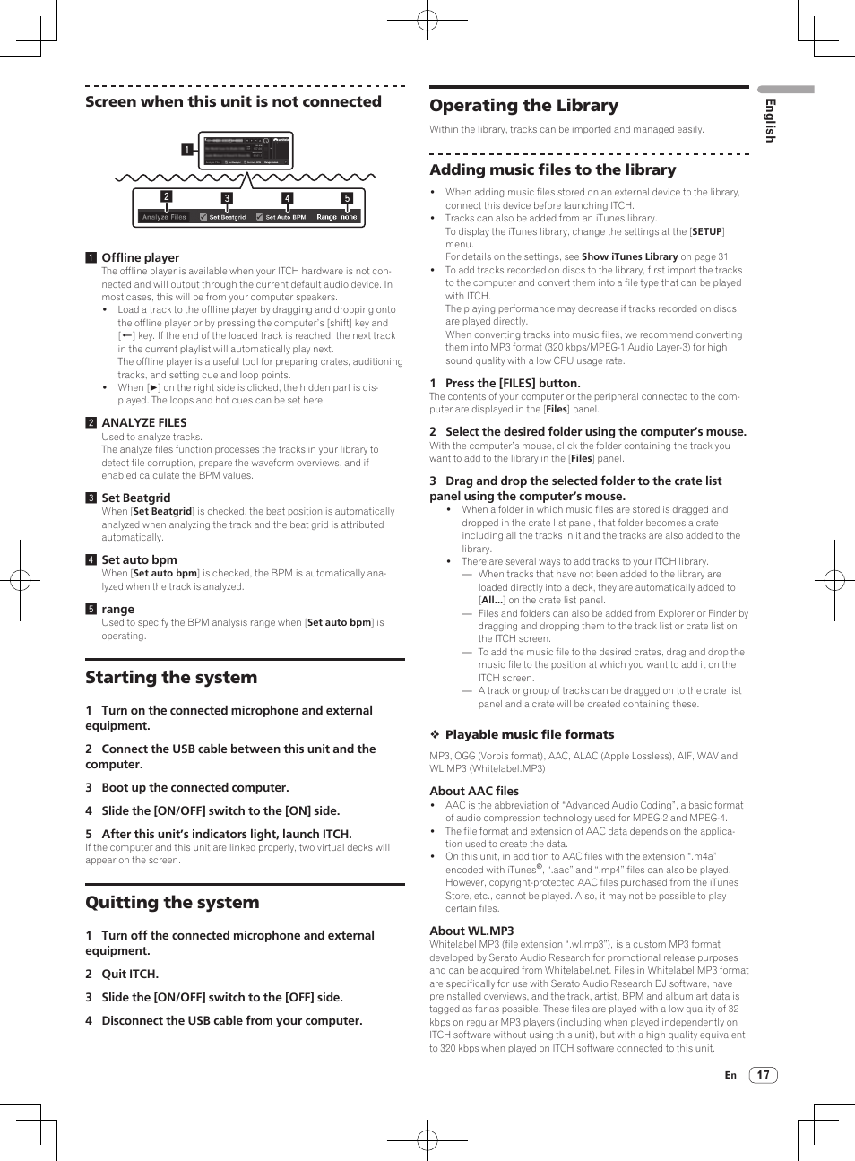 Starting the system, Quitting the system, Operating the library | Screen when this unit is not connected, Adding music files to the library | Pioneer DDJ-S1 User Manual | Page 17 / 112