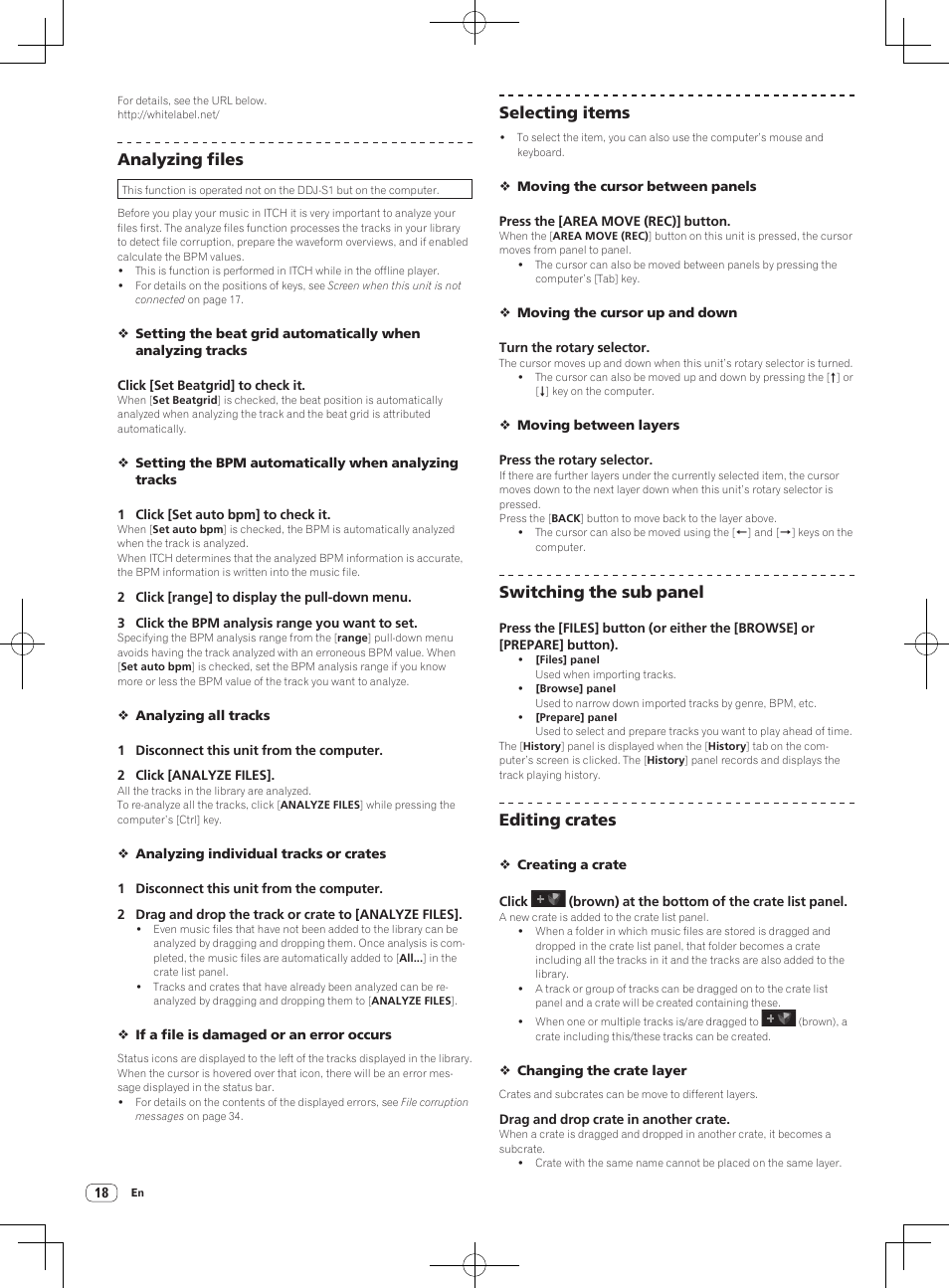 Analyzing files, Selecting items, Switching the sub panel | Editing crates | Pioneer DDJ-S1 User Manual | Page 18 / 112