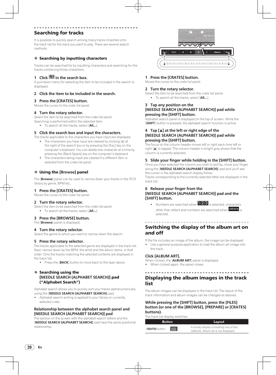 Searching for tracks, Switching the display of the album art on and off, Displaying the album images in the track list | Pioneer DDJ-S1 User Manual | Page 20 / 112