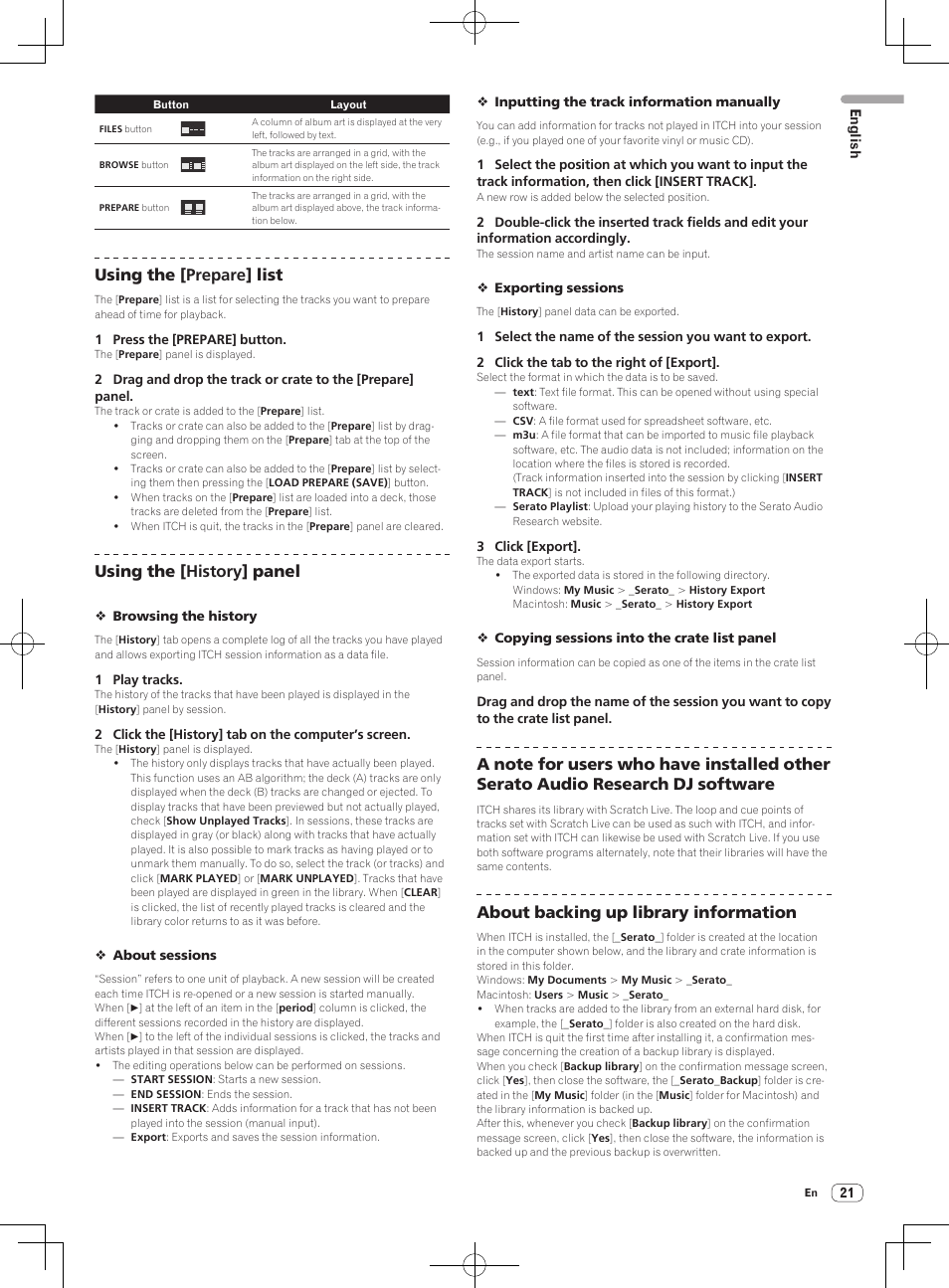 Using the [prepare] list, Using the [history] panel, About backing up library information | Pioneer DDJ-S1 User Manual | Page 21 / 112