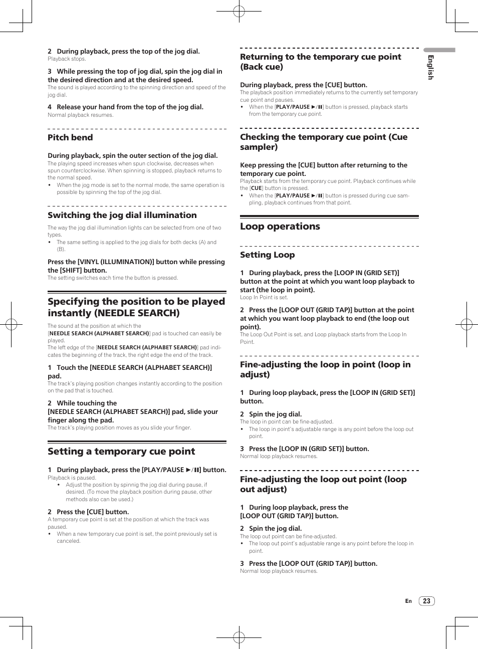 Setting a temporary cue point, Loop operations | Pioneer DDJ-S1 User Manual | Page 23 / 112