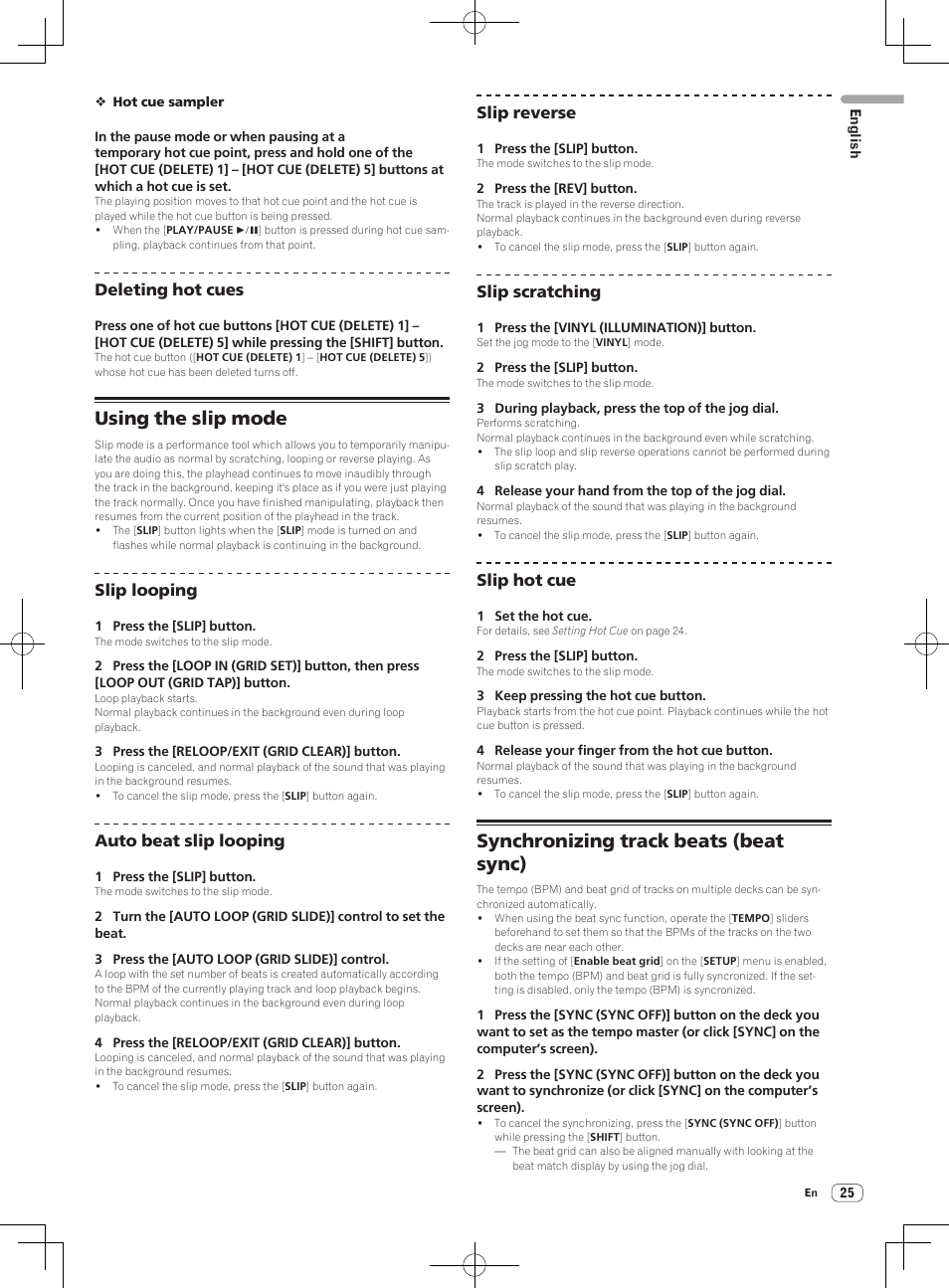 Using the slip mode, Synchronizing track beats (beat sync) | Pioneer DDJ-S1 User Manual | Page 25 / 112