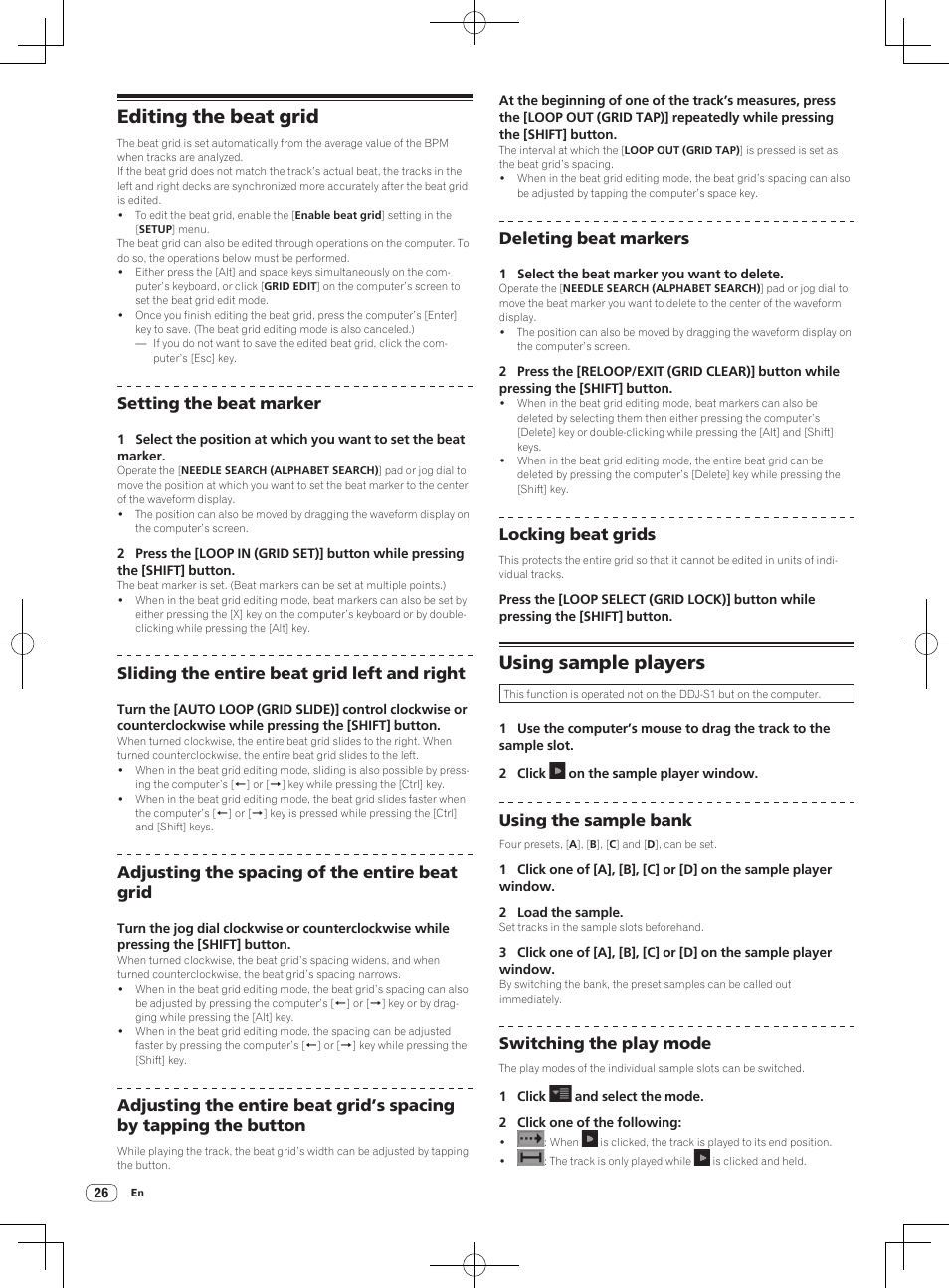 Editing the beat grid using sample players, Editing the beat grid, Using sample players | Setting the beat marker, Sliding the entire beat grid left and right, Adjusting the spacing of the entire beat grid, Deleting beat markers, Locking beat grids, Using the sample bank, Switching the play mode | Pioneer DDJ-S1 User Manual | Page 26 / 112