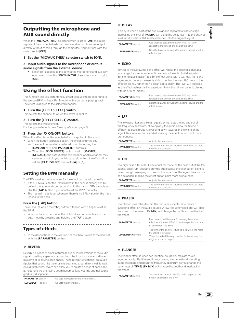 Outputting the microphone and aux sound directly, Using the effect function, Setting the bpm manually | Types of effects | Pioneer DDJ-S1 User Manual | Page 29 / 112