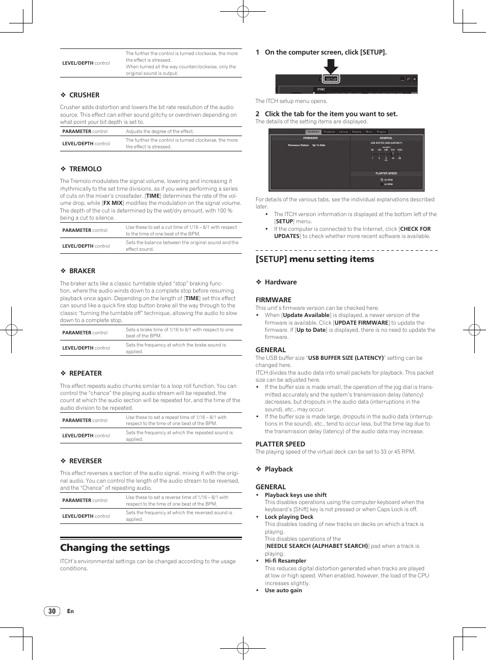 Changing the settings, Setup] menu setting items | Pioneer DDJ-S1 User Manual | Page 30 / 112