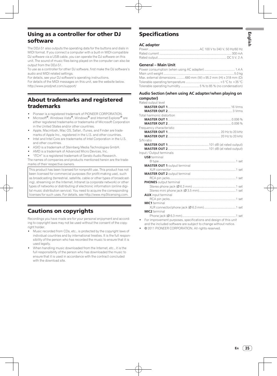 Using as a controller for other dj software, About trademarks and registered trademarks, Cautions on copyrights | Specifications | Pioneer DDJ-S1 User Manual | Page 35 / 112