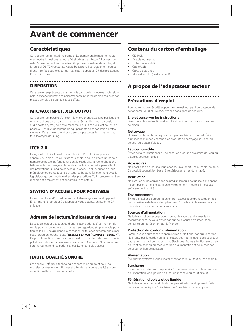 Avant de commencer, Caractéristiques, Contenu du carton d’emballage | À propos de l’adaptateur secteur | Pioneer DDJ-S1 User Manual | Page 38 / 112