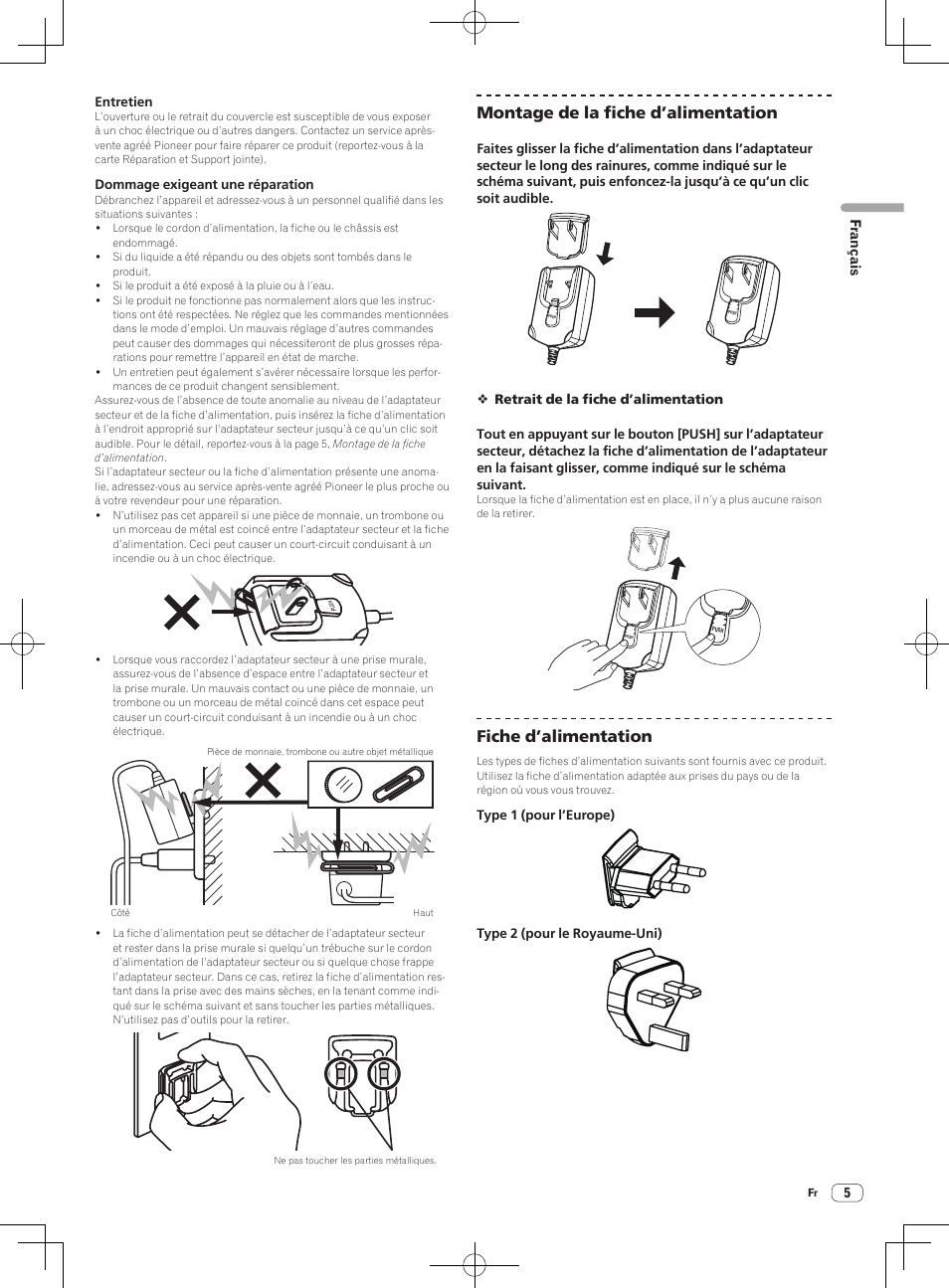 Montage de la fiche d’alimentation, Fiche d’alimentation | Pioneer DDJ-S1 User Manual | Page 39 / 112