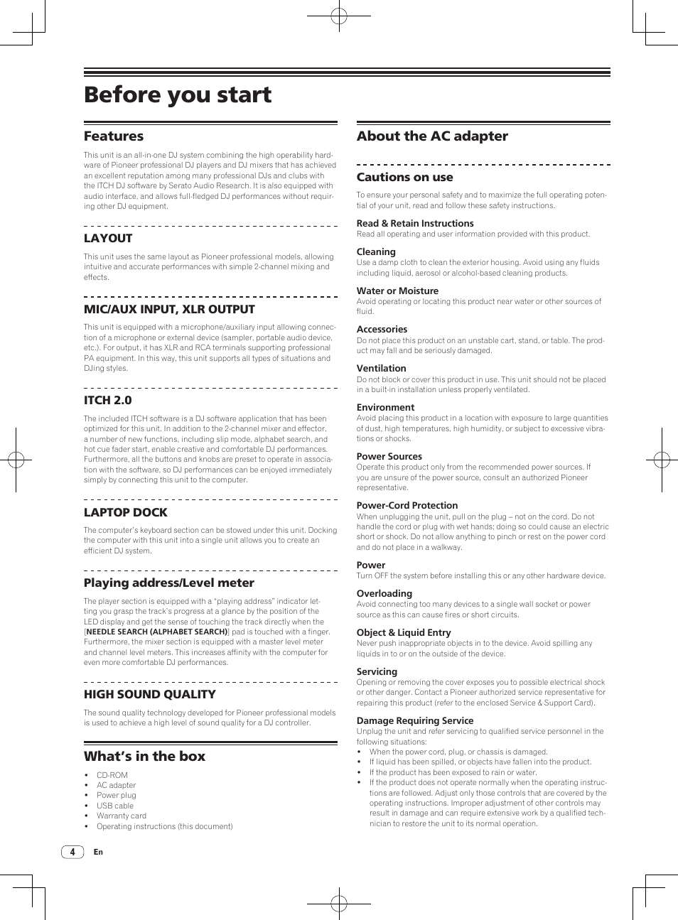 Features what’s in the box about the ac adapter, Before you start, Features | What’s in the box, About the ac adapter | Pioneer DDJ-S1 User Manual | Page 4 / 112