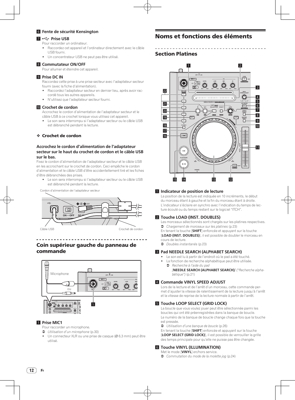 Noms et fonctions des éléments, Coin supérieur gauche du panneau de commande, 6fente de sécurité kensington 7 prise usb | 8commutateur on/off, 9prise dc in, Acrochet de cordon, 1prise mic1, 1indicateur de position de lecture, 2touche load (inst. doubles), 3pad needle search (alphabet search) | Pioneer DDJ-S1 User Manual | Page 46 / 112