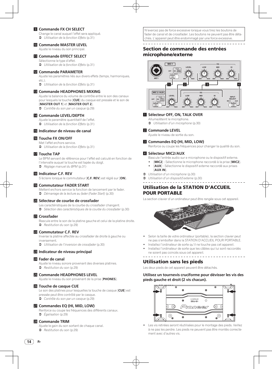 Utilisation de la station d’accueil pour portable, Utilisation sans les pieds | Pioneer DDJ-S1 User Manual | Page 48 / 112
