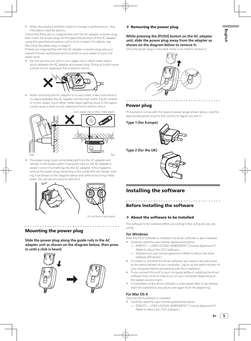 Installing the software, Mounting the power plug, Power plug | Before installing the software | Pioneer DDJ-S1 User Manual | Page 5 / 112