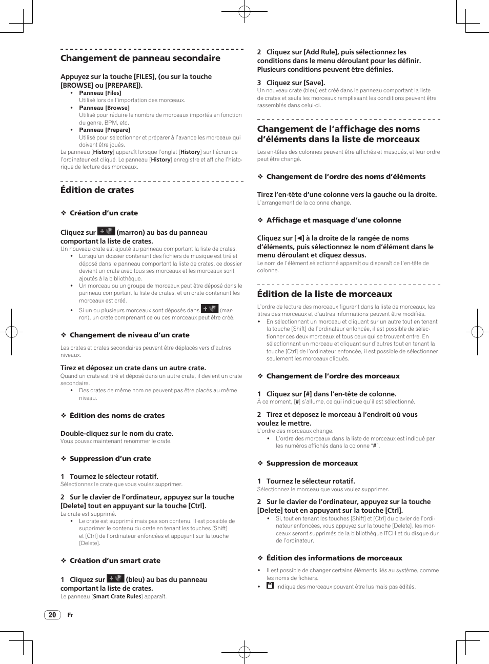 Changement de panneau secondaire, Édition de crates, Édition de la liste de morceaux | Pioneer DDJ-S1 User Manual | Page 54 / 112