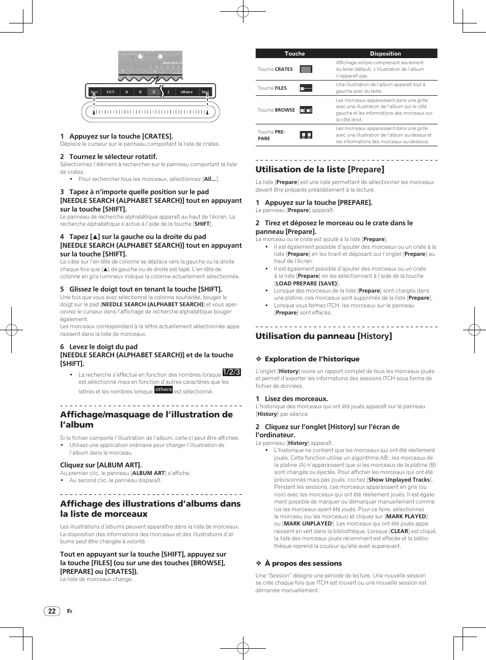 Affichage/masquage de l’illustration de l’album, Utilisation de la liste [prepare, Utilisation du panneau [history | Pioneer DDJ-S1 User Manual | Page 56 / 112