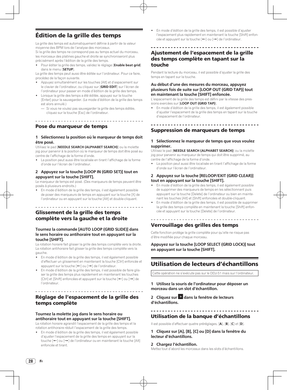 Édition de la grille des temps, Utilisation de lecteurs d’échantillons, Pose du marqueur de temps | Suppression de marqueurs de temps, Verrouillage des grilles des temps, Utilisation de la banque d’échantillons | Pioneer DDJ-S1 User Manual | Page 62 / 112