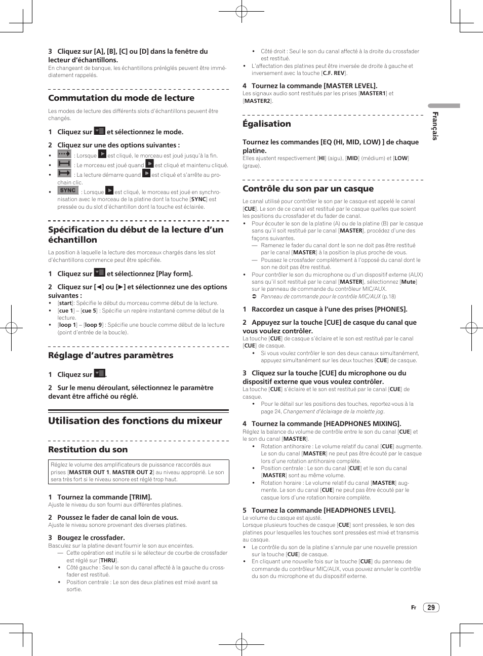 Utilisation des fonctions du mixeur, Commutation du mode de lecture, Réglage d’autres paramètres | Restitution du son, Égalisation, Contrôle du son par un casque | Pioneer DDJ-S1 User Manual | Page 63 / 112