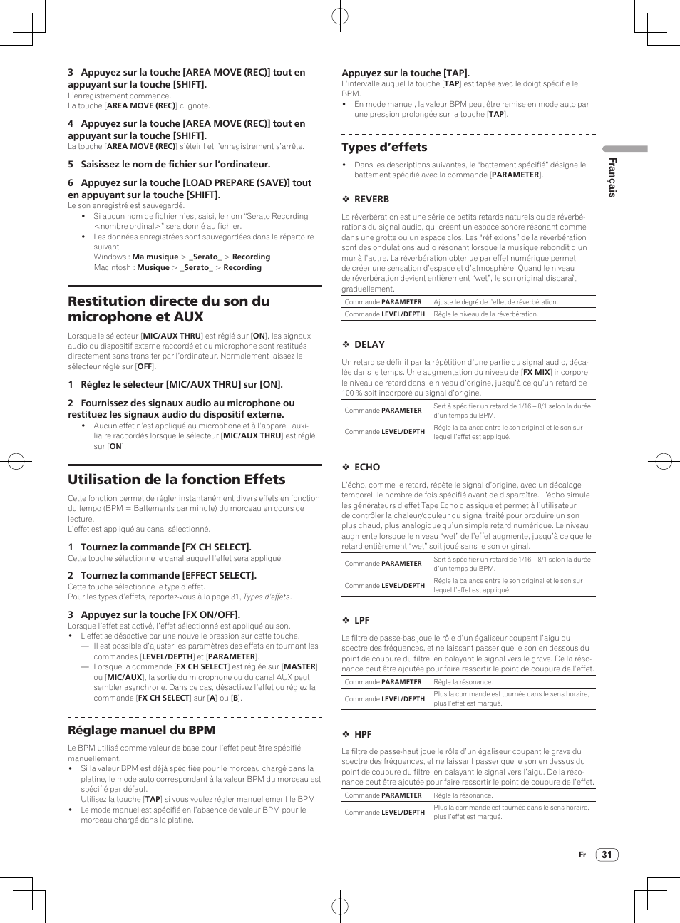 Restitution directe du son du microphone et aux, Utilisation de la fonction effets, Réglage manuel du bpm | Types d’effets | Pioneer DDJ-S1 User Manual | Page 65 / 112