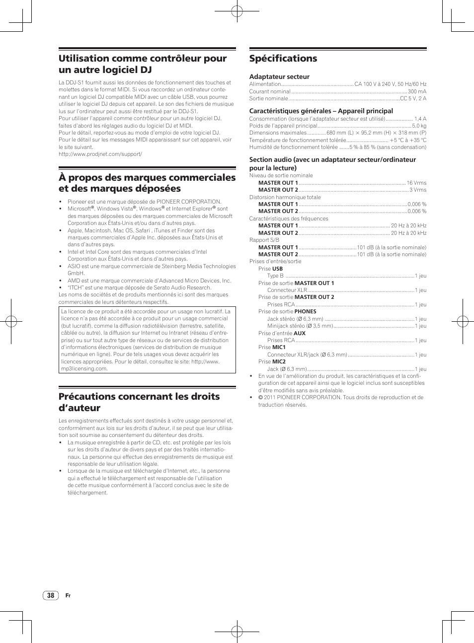 Précautions concernant les droits d’auteur, Spécifications | Pioneer DDJ-S1 User Manual | Page 72 / 112