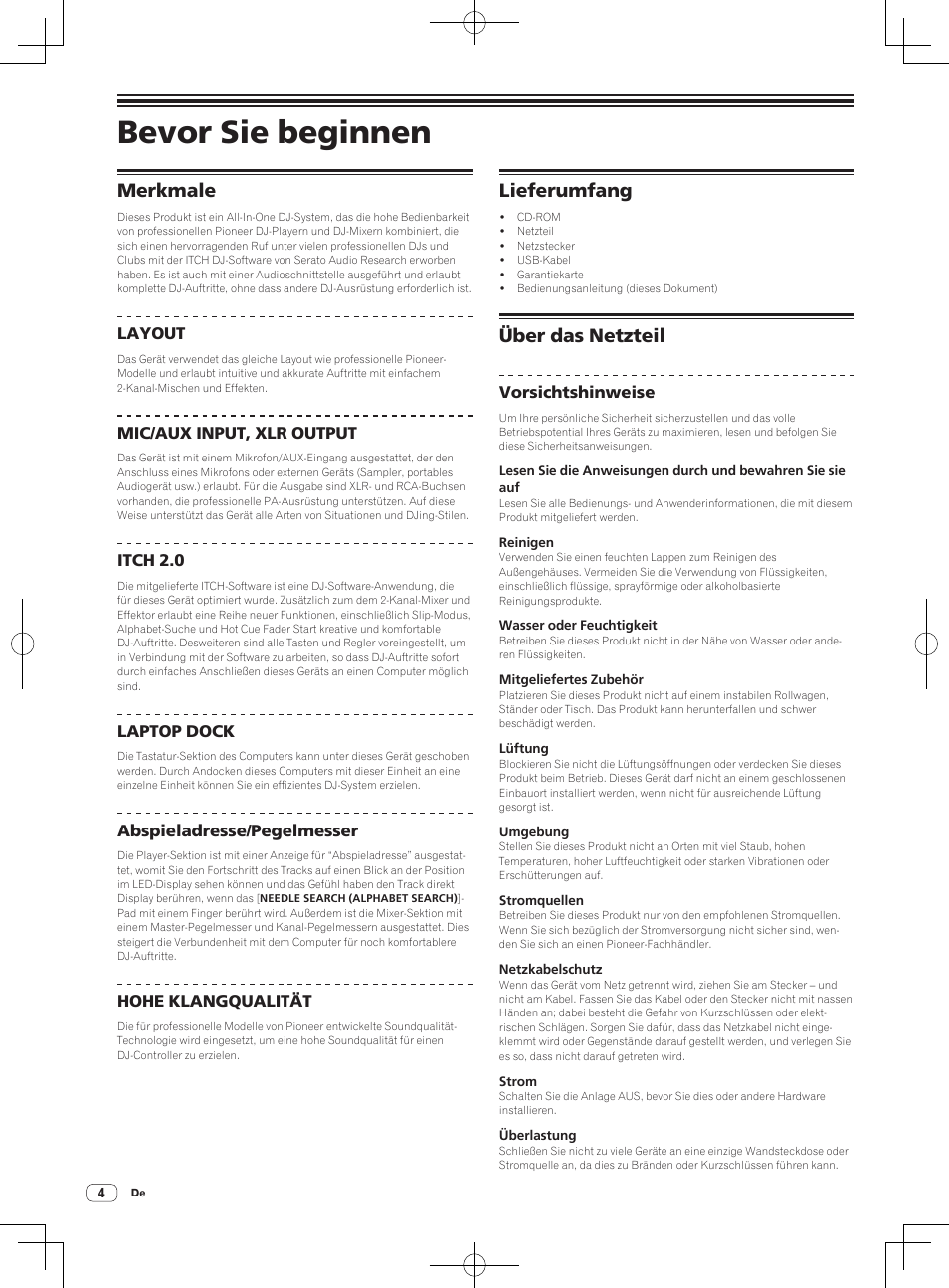 Merkmale lieferumfang über das netzteil, Bevor sie beginnen, Merkmale | Lieferumfang, Über das netzteil | Pioneer DDJ-S1 User Manual | Page 76 / 112