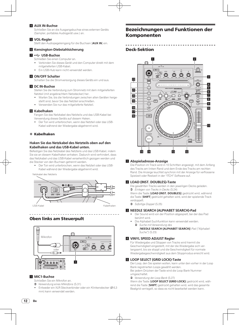 Bezeichnungen und funktionen der komponenten, Oben links am steuerpult, Deck-sektion | 4aux in-buchse, 5vol-regler, 6kensington-diebstahlsicherung 7 usb-buchse, 8on/off schalter, 9dc in-buchse, Akabelhaken, 1mic1-buchse | Pioneer DDJ-S1 User Manual | Page 84 / 112