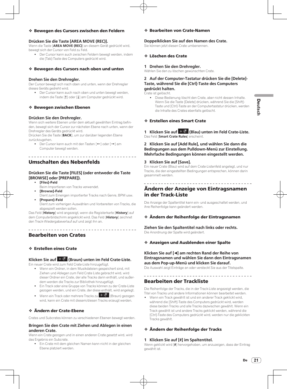 Umschalten des nebenfelds, Bearbeiten von crates, Bearbeiten der trackliste | Pioneer DDJ-S1 User Manual | Page 93 / 112