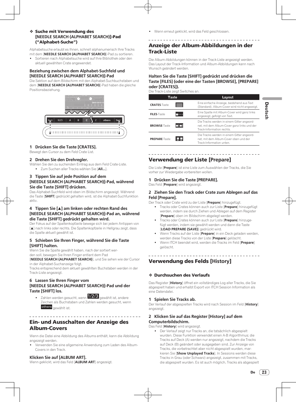 Ein- und ausschalten der anzeige des album-covers, Anzeige der album-abbildungen in der track-liste, Verwendung der liste [prepare | Verwendung des felds [history | Pioneer DDJ-S1 User Manual | Page 95 / 112