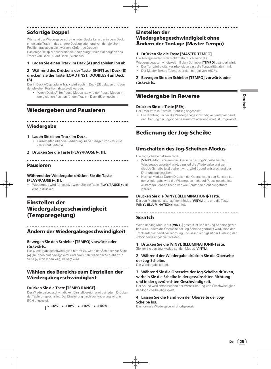 Wiedergeben und pausieren, Wiedergabe in reverse, Bedienung der jog-scheibe | Pioneer DDJ-S1 User Manual | Page 97 / 112