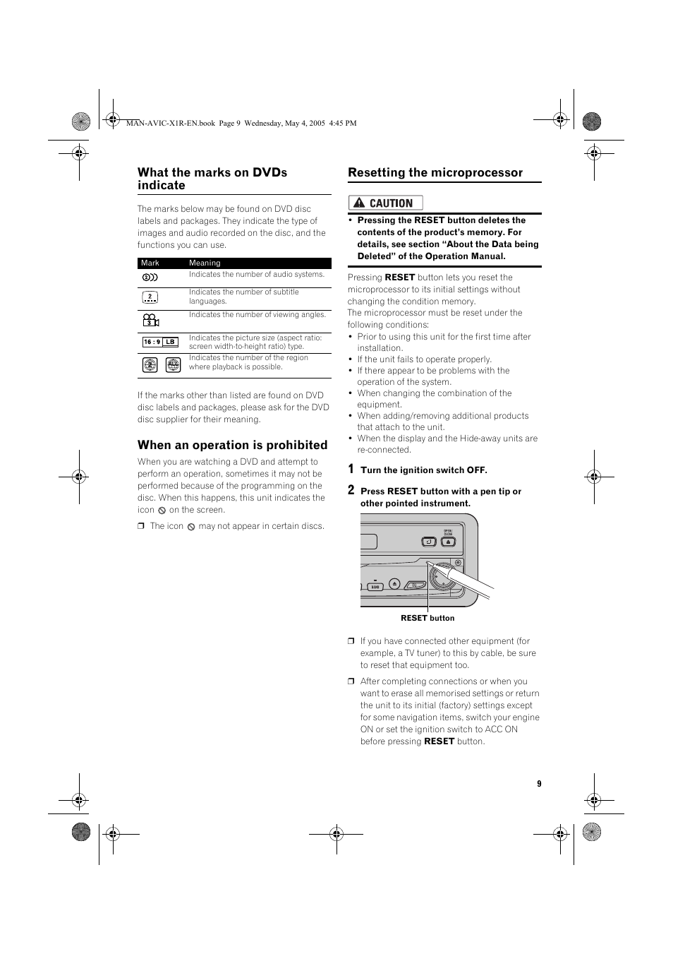 What the marks on dvds indicate, When an operation is prohibited, Resetting the microprocessor | Pioneer AVIC-X1R User Manual | Page 11 / 30