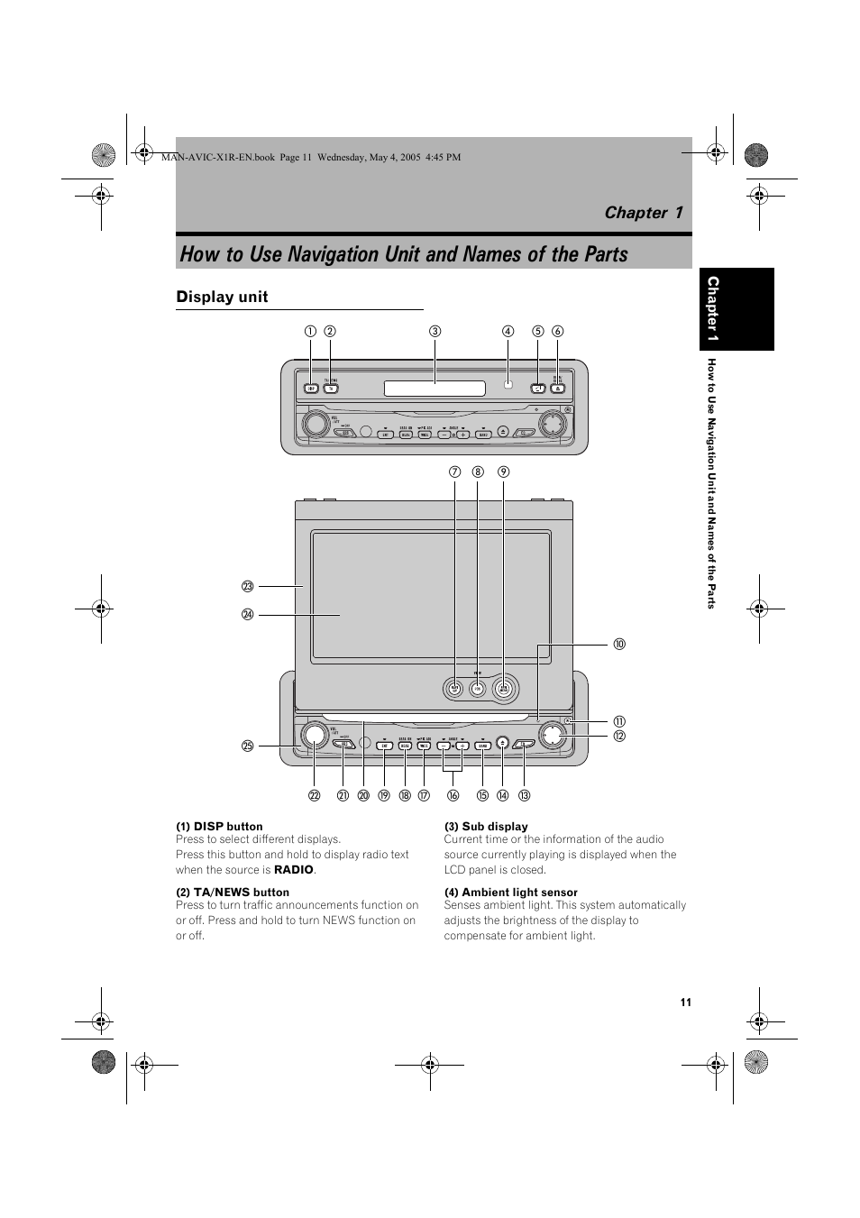 How to use navigation unit and names of the parts, Chapter 1, Display unit | Pioneer AVIC-X1R User Manual | Page 13 / 30