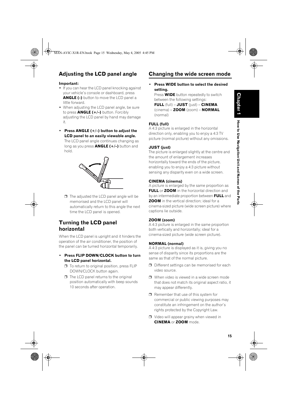 Adjusting the lcd panel angle, Turning the lcd panel horizontal, Changing the wide screen mode | Pioneer AVIC-X1R User Manual | Page 17 / 30