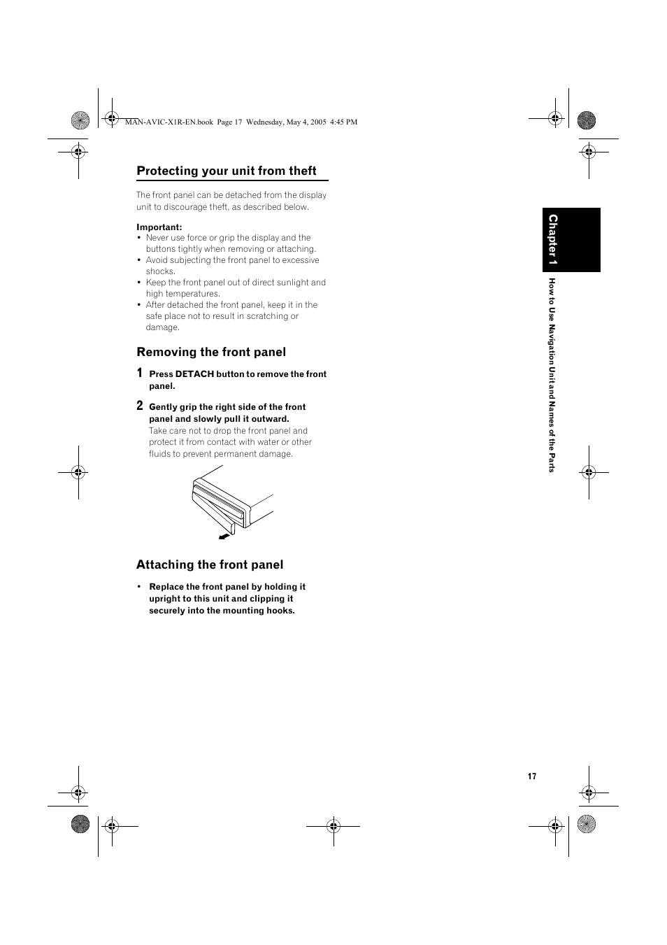 Protecting your unit from theft, Removing the front panel, Attaching the front panel | Pioneer AVIC-X1R User Manual | Page 19 / 30