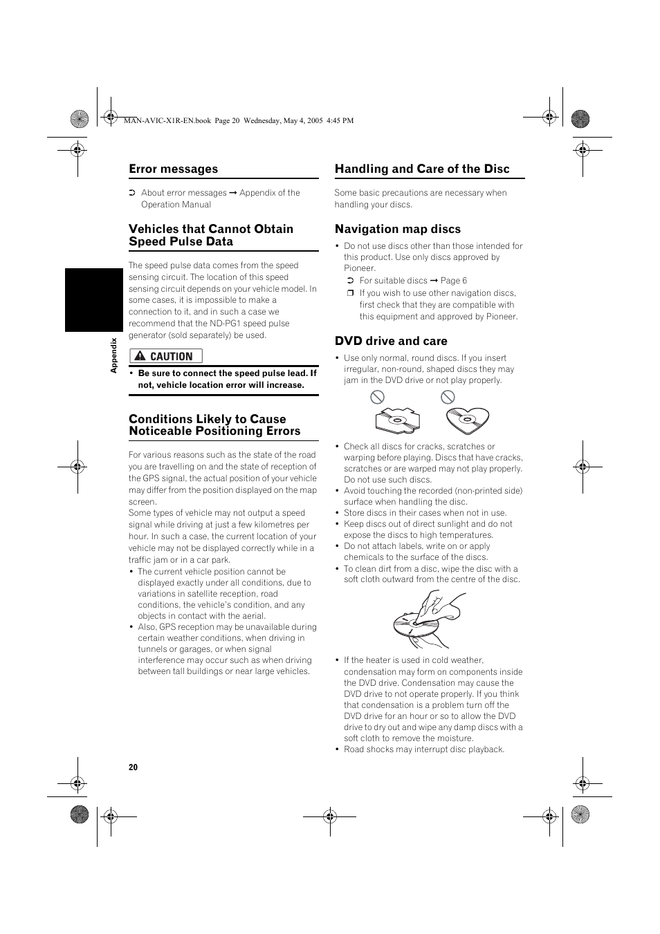 Error messages, Vehicles that cannot obtain speed pulse data, Handling and care of the disc | Navigation map discs, Dvd drive and care | Pioneer AVIC-X1R User Manual | Page 22 / 30
