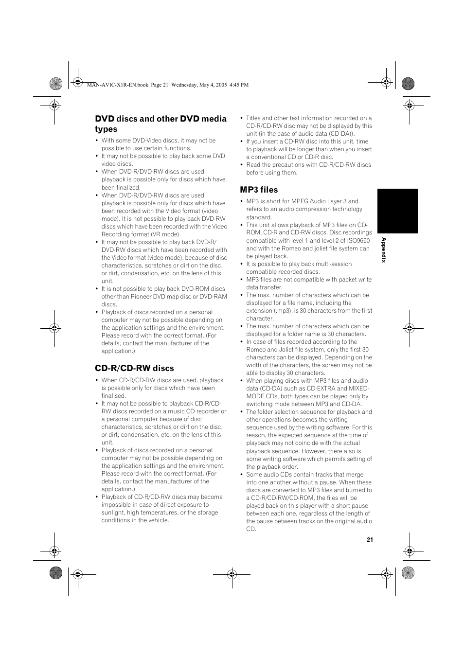 Dvd discs and other dvd media types, Cd-r/cd-rw discs, Mp3 files | Pioneer AVIC-X1R User Manual | Page 23 / 30