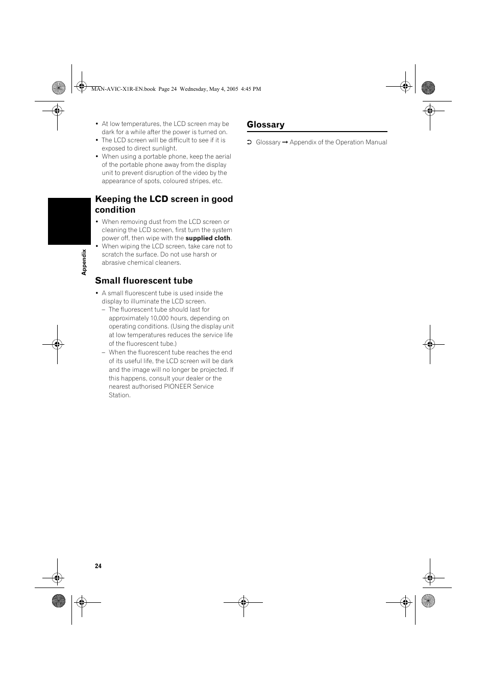 Keeping the lcd screen in good condition, Small fluorescent tube, Glossary | Pioneer AVIC-X1R User Manual | Page 26 / 30