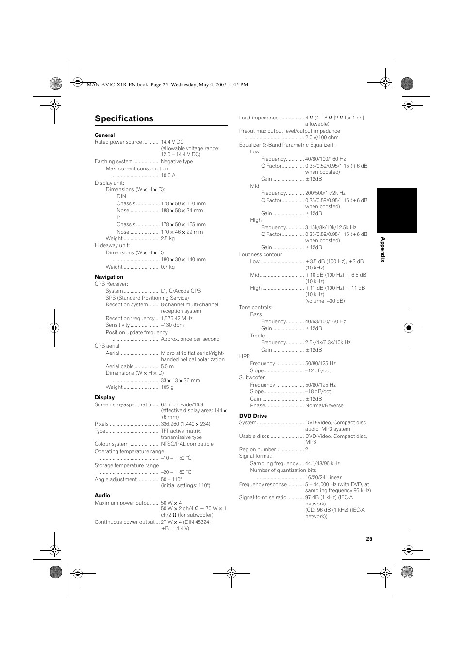 Specifications | Pioneer AVIC-X1R User Manual | Page 27 / 30