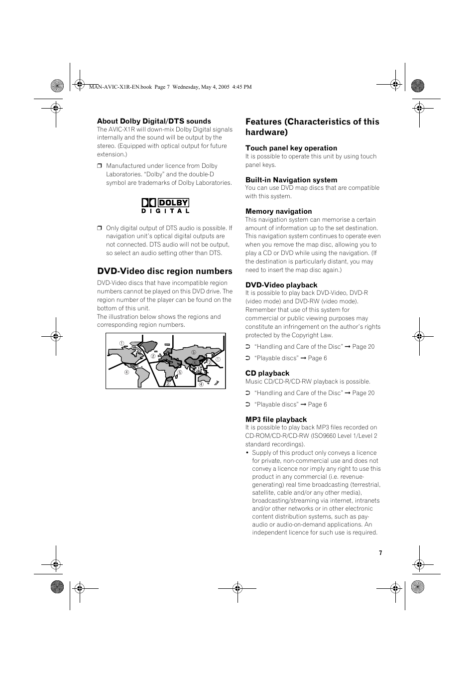 Dvd-video disc region numbers, Features (characteristics of this hardware) | Pioneer AVIC-X1R User Manual | Page 9 / 30