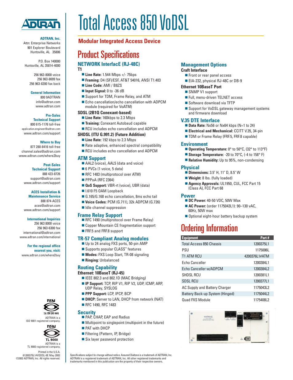 Total access 850 vodsl, Product specifications, Ordering information | Modular integrated access device, Network interface (rj-48c), Atm support, Frame relay support, Tr-57 compliant analog modules, Routing capability, Security | ADTRAN 850-VoDSL User Manual | Page 2 / 2