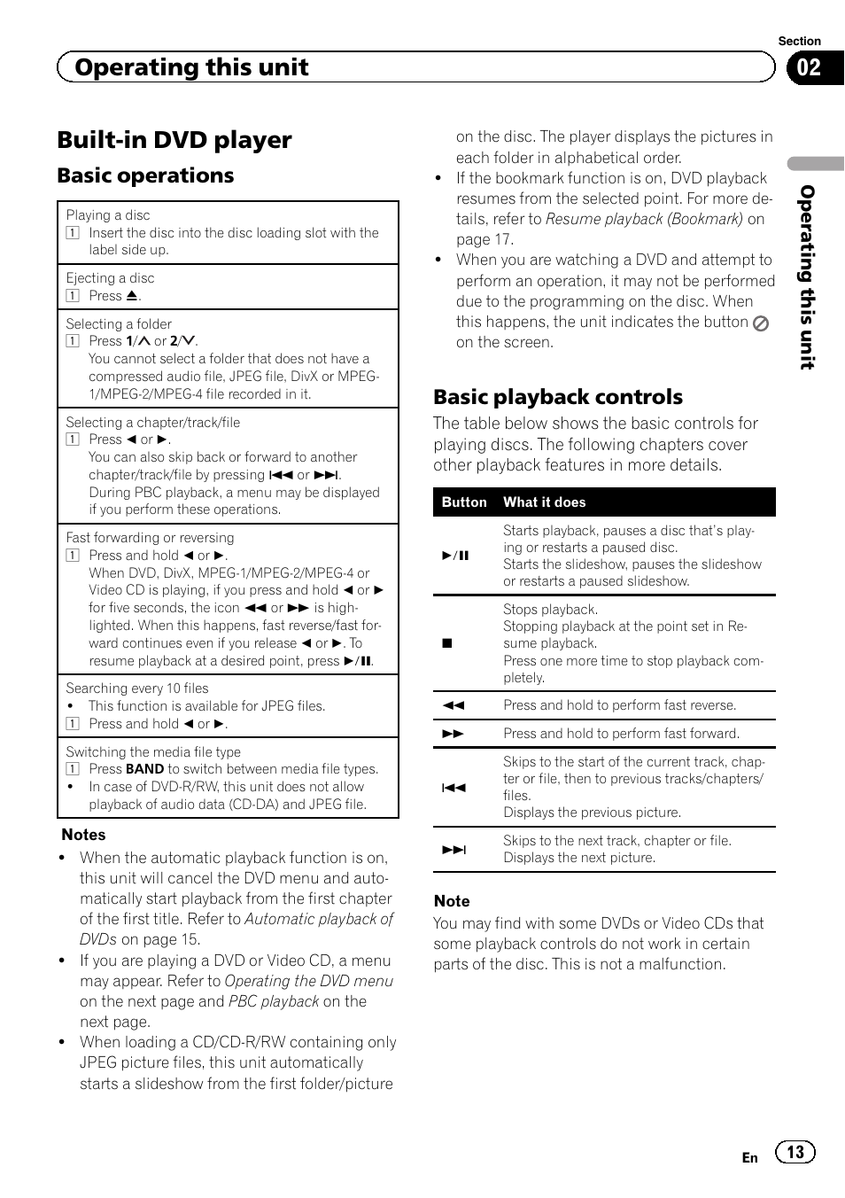 Built-in dvd player, Basic operations, Basic playback controls | Operating this unit | Pioneer DVH-340UB User Manual | Page 13 / 44