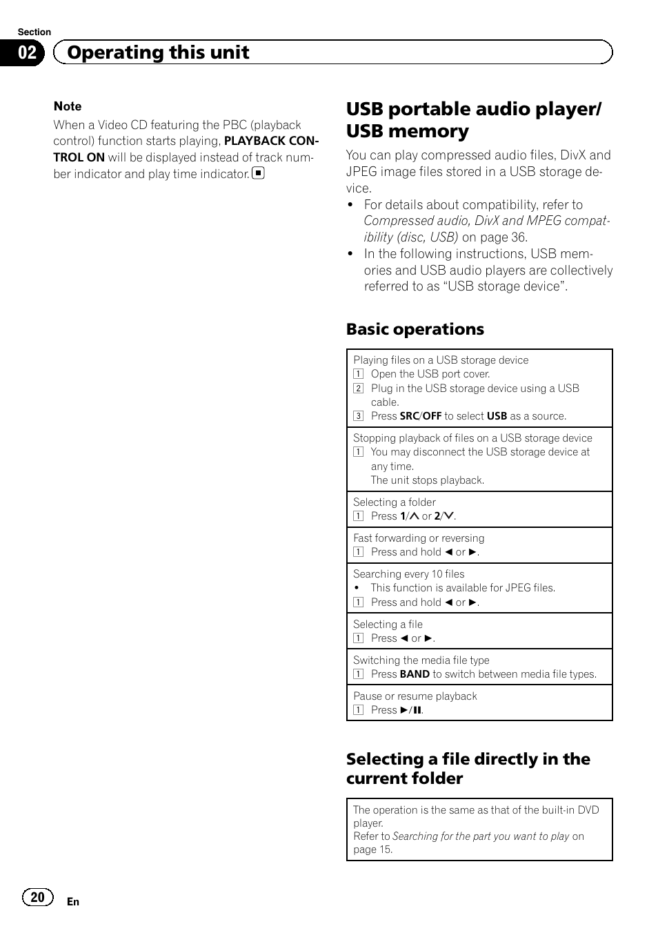 Usb portable audio player/usb memory, 02 operating this unit, Basic operations | Selecting a file directly in the current folder | Pioneer DVH-340UB User Manual | Page 20 / 44