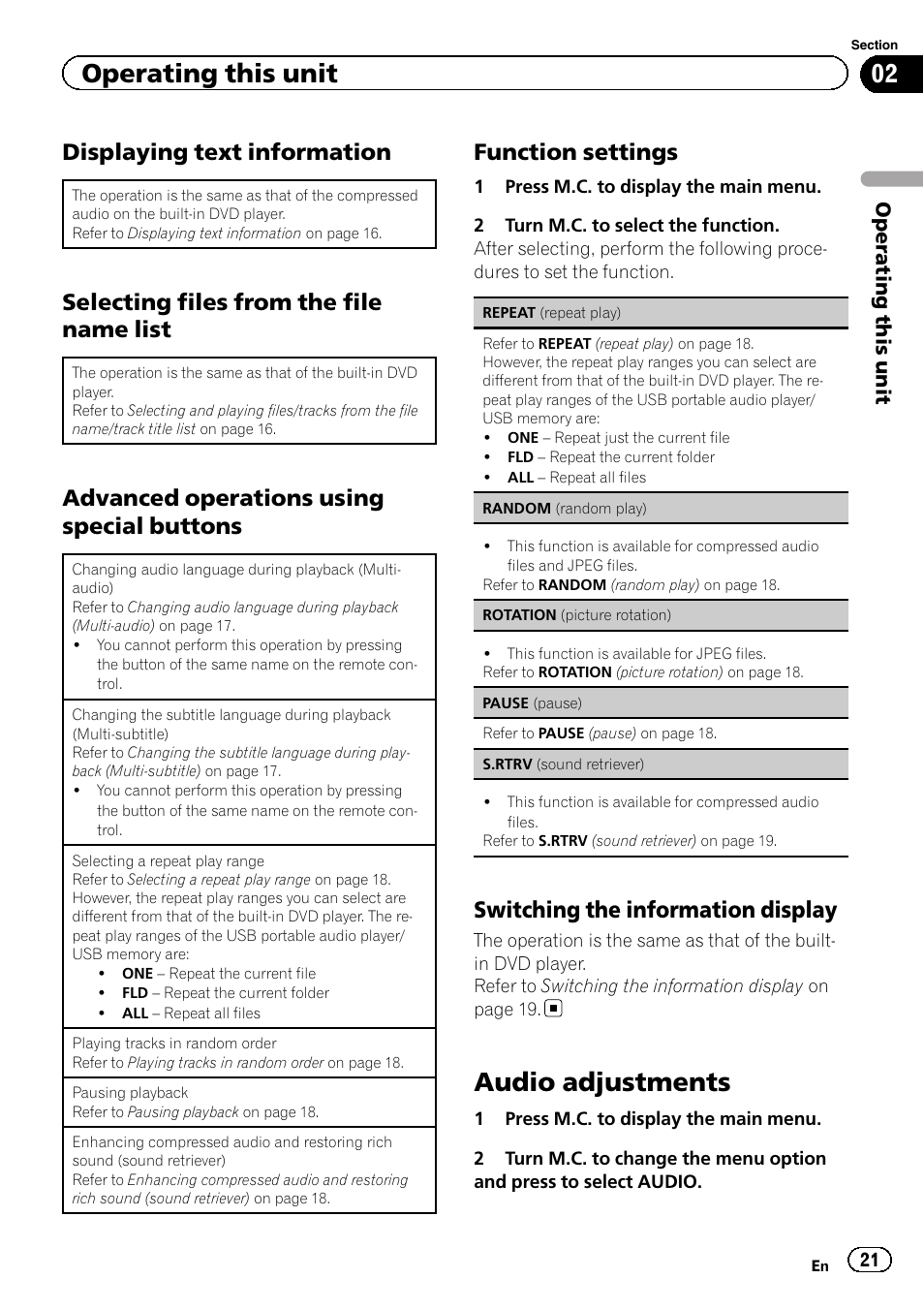 Audio adjustments, Displaying text information, Selecting files from the file name list | Advanced operations using special buttons, Function settings, Switching the information display, Operating this unit | Pioneer DVH-340UB User Manual | Page 21 / 44