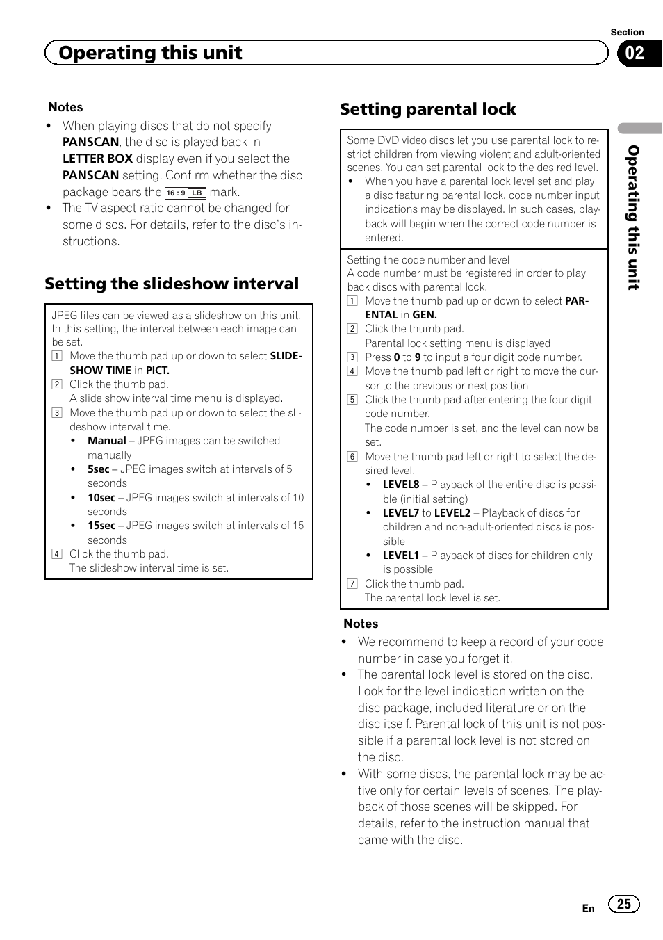 Setting the slideshow interval, Setting parental lock, Operating this unit | Pioneer DVH-340UB User Manual | Page 25 / 44