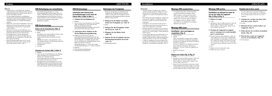 Installation <français> einbau <deutsch, Montage din arrière, Fixation de la face avant | Montage din avant/arrière, Montage din avant, Din-rückmontage, Befestigen der frontplatte, Din-befestigung von vorne/hinten, Din-vordermontage | Pioneer DEH-P3600MPB User Manual | Page 3 / 8