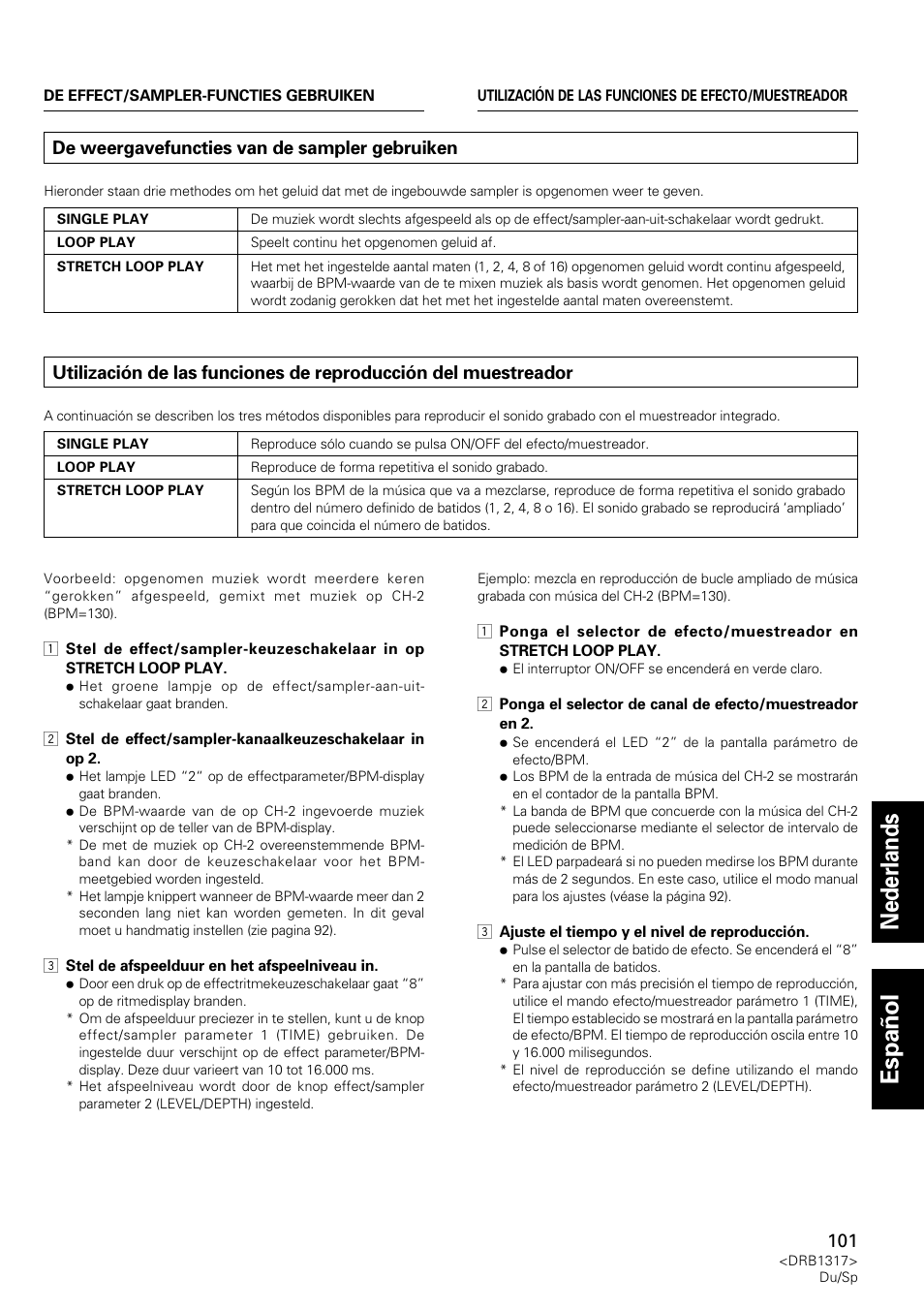 De weergavefuncties van de sampler gebruiken, Utilización de las funciones de reproducción, Del muestreador | Nederlands espa ñ ol | Pioneer DJM-600 User Manual | Page 101 / 112