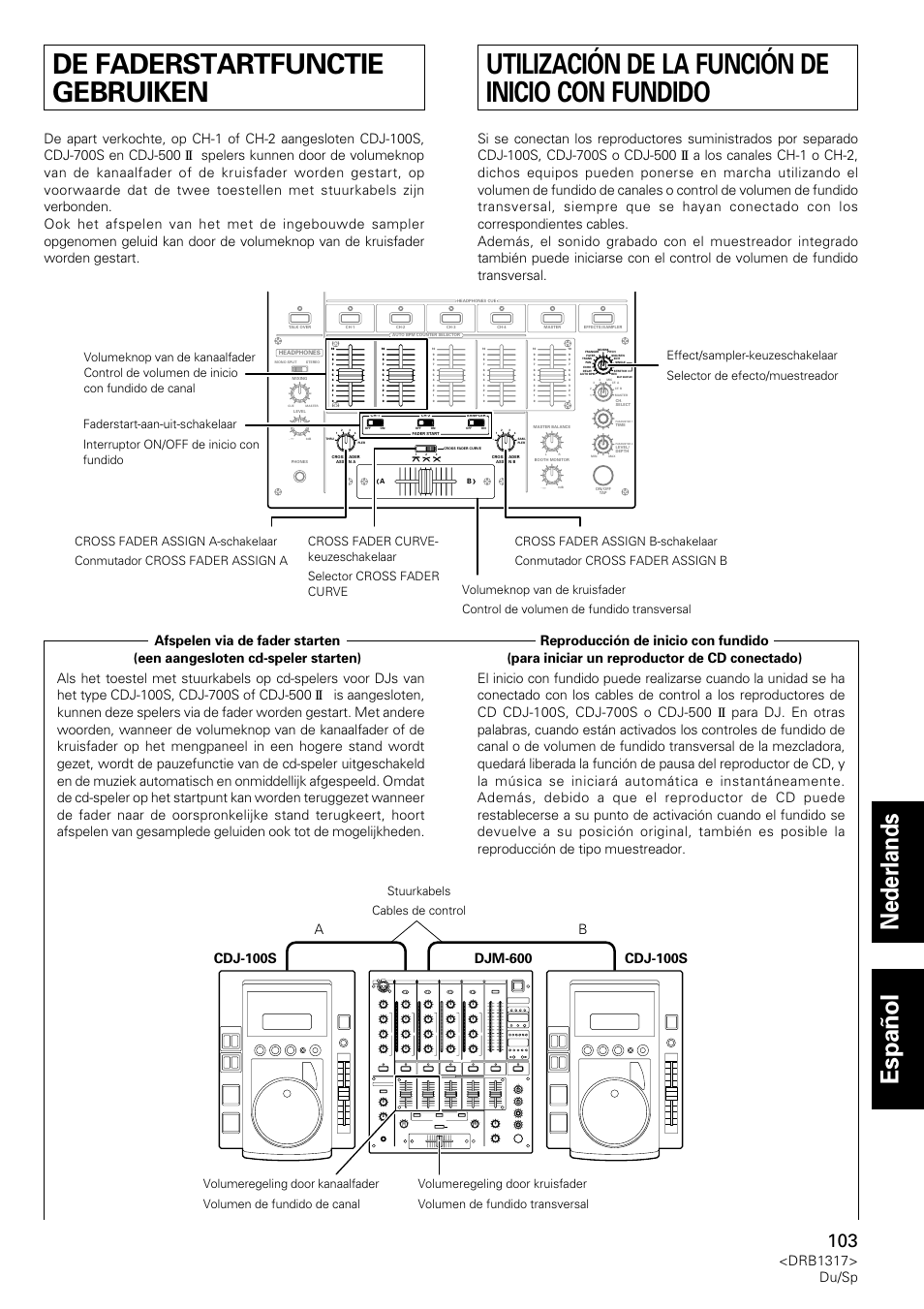 De faderstartfunctie gebruiken, Utilización de la función de inicio con fundido, Nederlands espa ñ ol | Drb1317> du/sp, Stuurkabels cables de control | Pioneer DJM-600 User Manual | Page 103 / 112