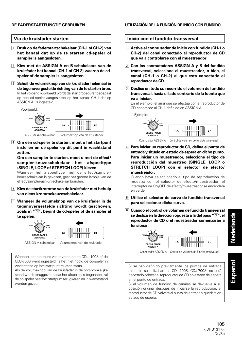 Via de kruisfader starten, Inicio con el fundido transversal, Nederlands espa ñ ol | Pioneer DJM-600 User Manual | Page 105 / 112