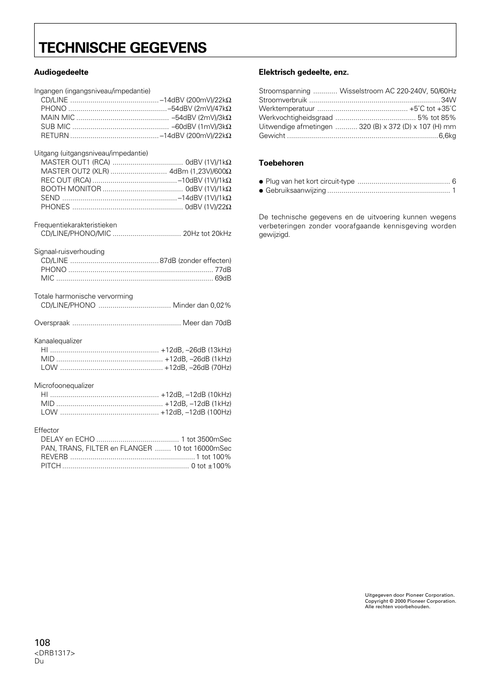 Technische gegevens | Pioneer DJM-600 User Manual | Page 108 / 112