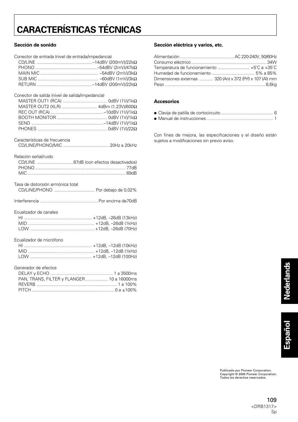Características técnicas, Nederlands espa ñ ol | Pioneer DJM-600 User Manual | Page 109 / 112